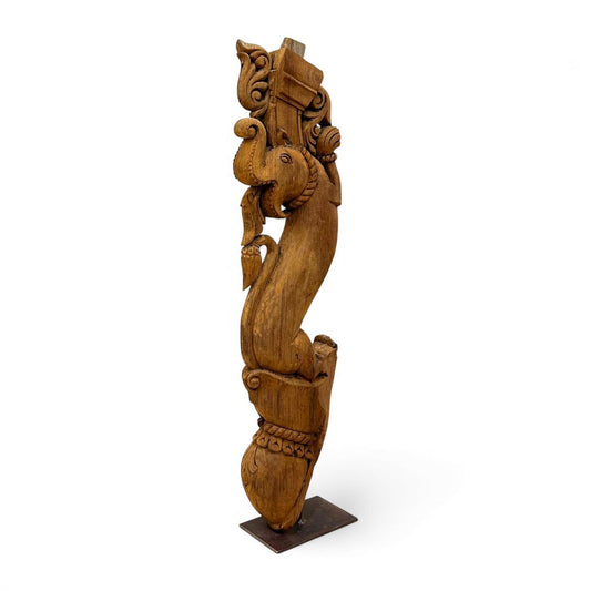 Handcrafted Wooden Bracket with Elephant Carving | Natural Wood Wall Decor |