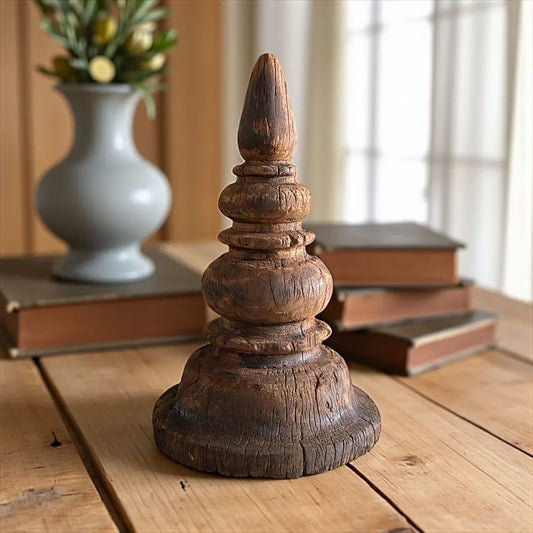 Vintage Wooden Stupa Spire Sculpture - Natural Wood