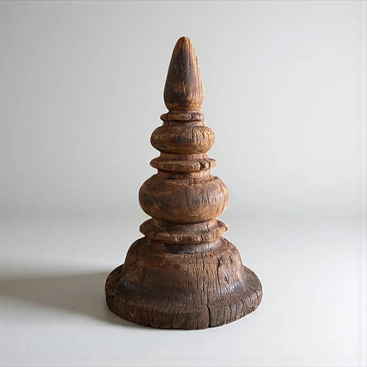 Vintage Wooden Stupa Spire Sculpture - Natural Wood