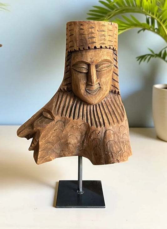 Vintage Hand-Carved Wooden Face Sculpture | Natural Wood Tribal Art Decor
