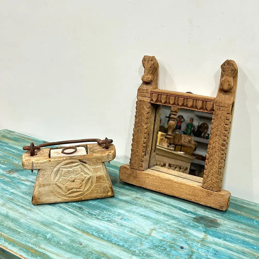 Vintage Wooden Carved Mirror Frame – Rustic Handcrafted Wall Accent