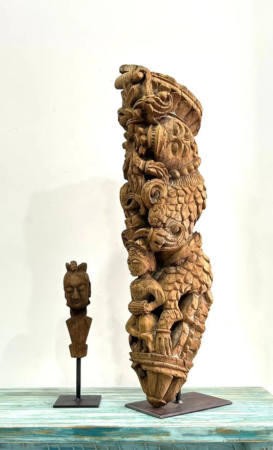 Vintage Hand-Carved Wooden Bracket on Iron Stand