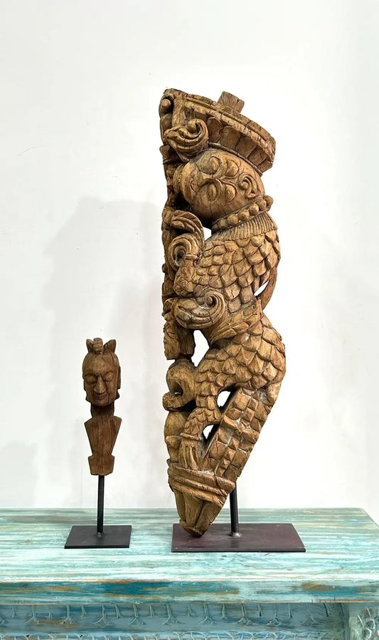 Vintage Hand-Carved Wooden Bracket on Iron Stand