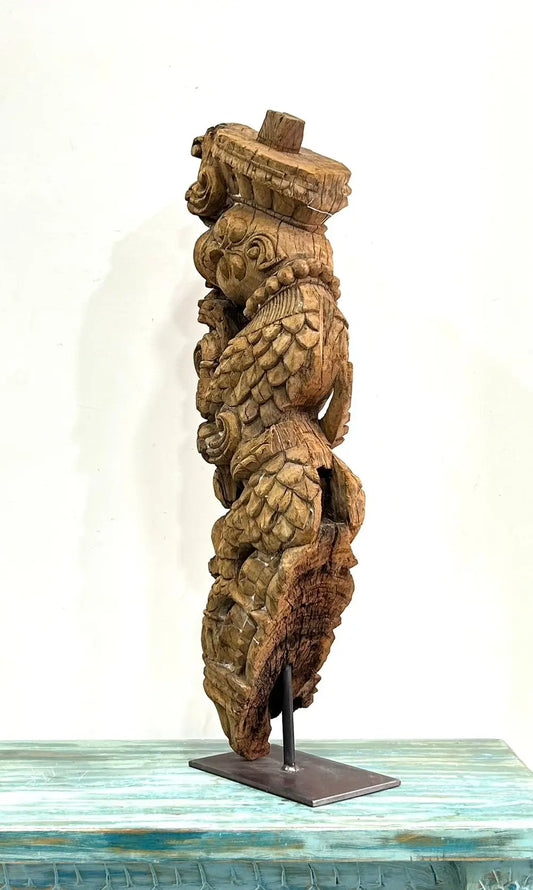 Vintage Hand-Carved Wooden Bracket on Iron Stand