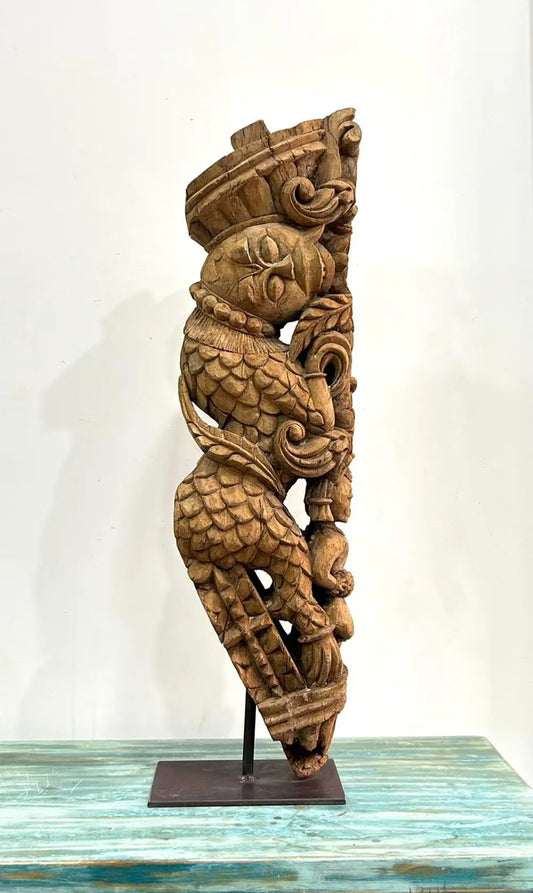 Vintage Hand-Carved Wooden Bracket on Iron Stand