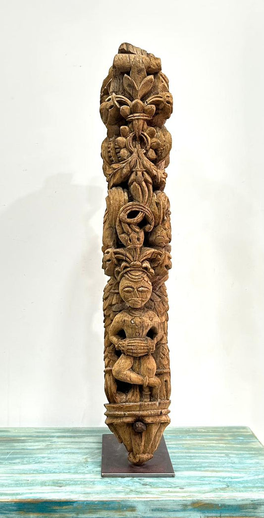 Vintage Hand-Carved Wooden Bracket on Iron Stand