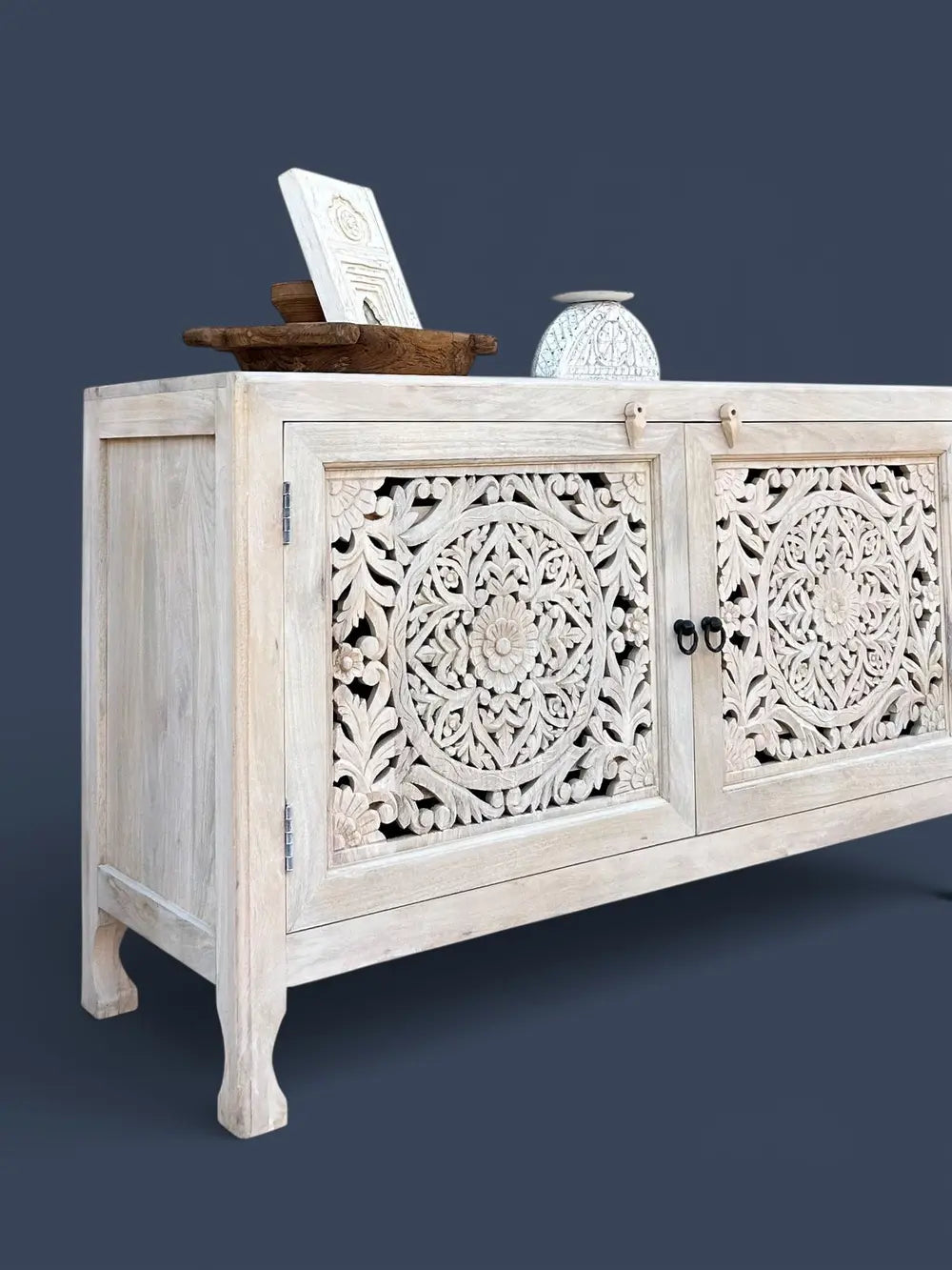 solid mango wood hand carved sideboard cabinet – white wash
