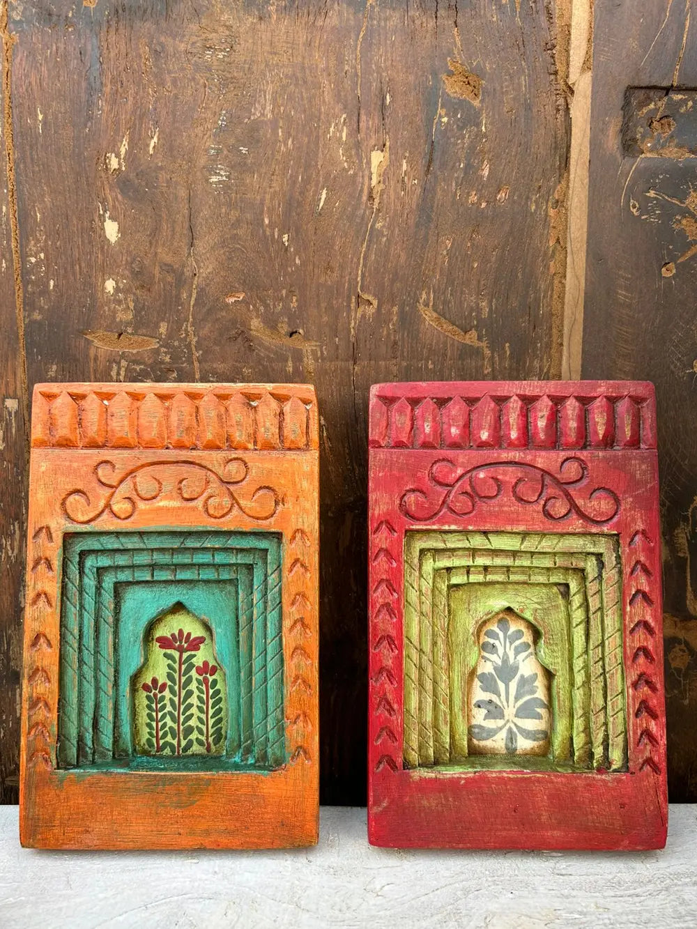 hand-carved & hand-painted decorative wooden wall frame – traditional floral window art (set of 2)