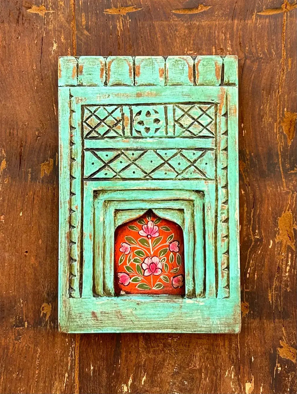 hand-painted wooden jharokha wall frame – traditional floral window art