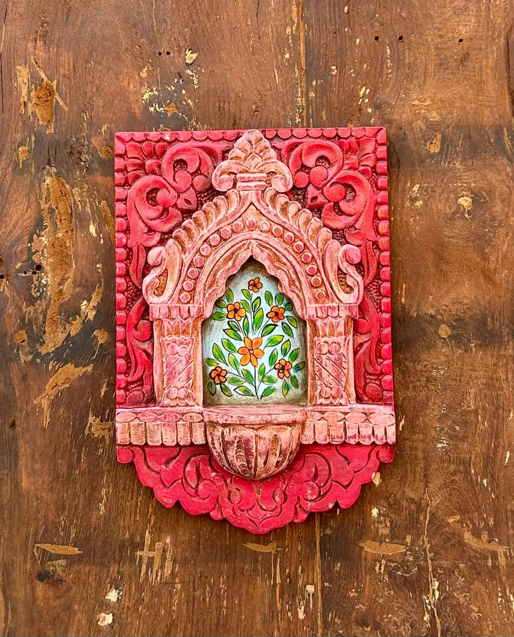 hand-carved & hand-painted wooden jharokha wall frame with mini shelf – floral art