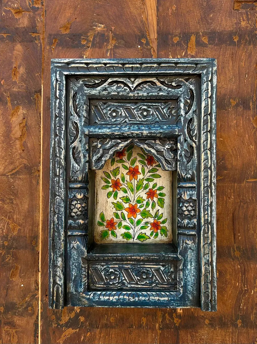 handcrafted wooden jharokha wall shelf with hand-painted floral artwork
