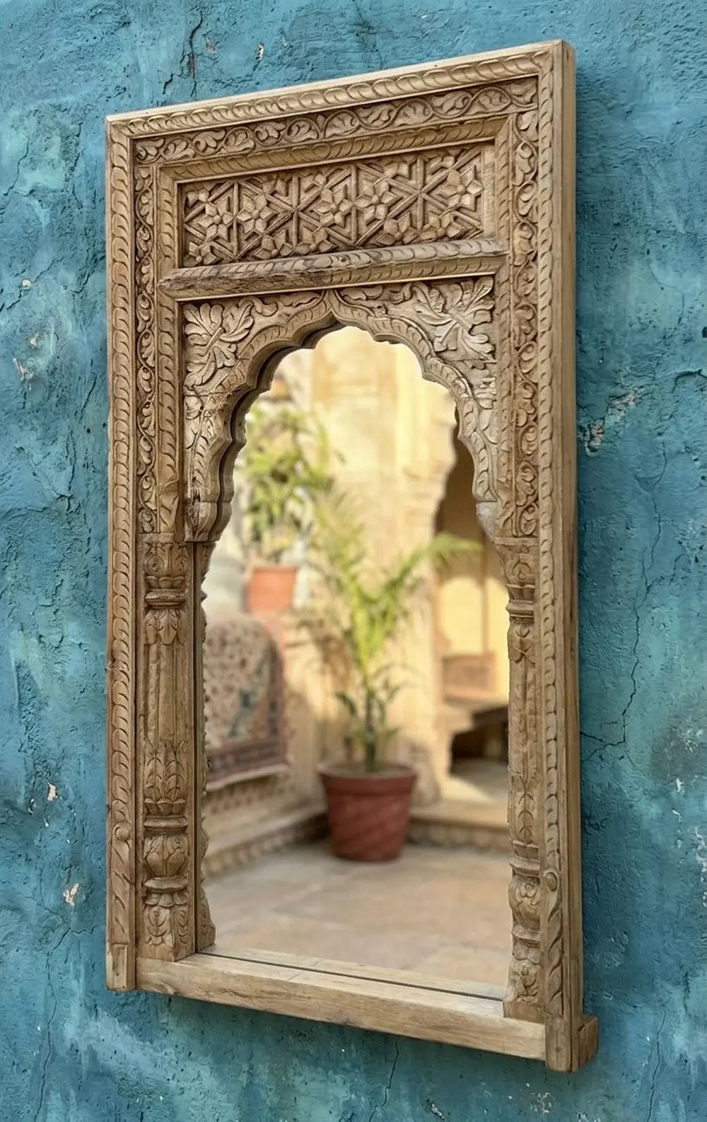hand-carved vintage wooden mirror jharokha frame - bleached finish