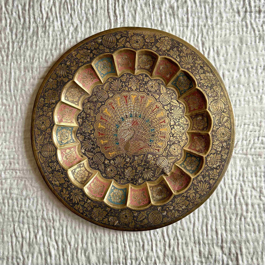 Vintage-Style Hand-Etched Brass Plate for Wall Decor | Floral & Peacock Design