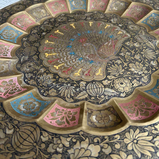 Vintage-Style Hand-Etched Brass Plate for Wall Decor | Floral & Peacock Design