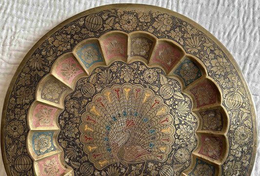 Vintage-Style Hand-Etched Brass Plate for Wall Decor | Floral & Peacock Design