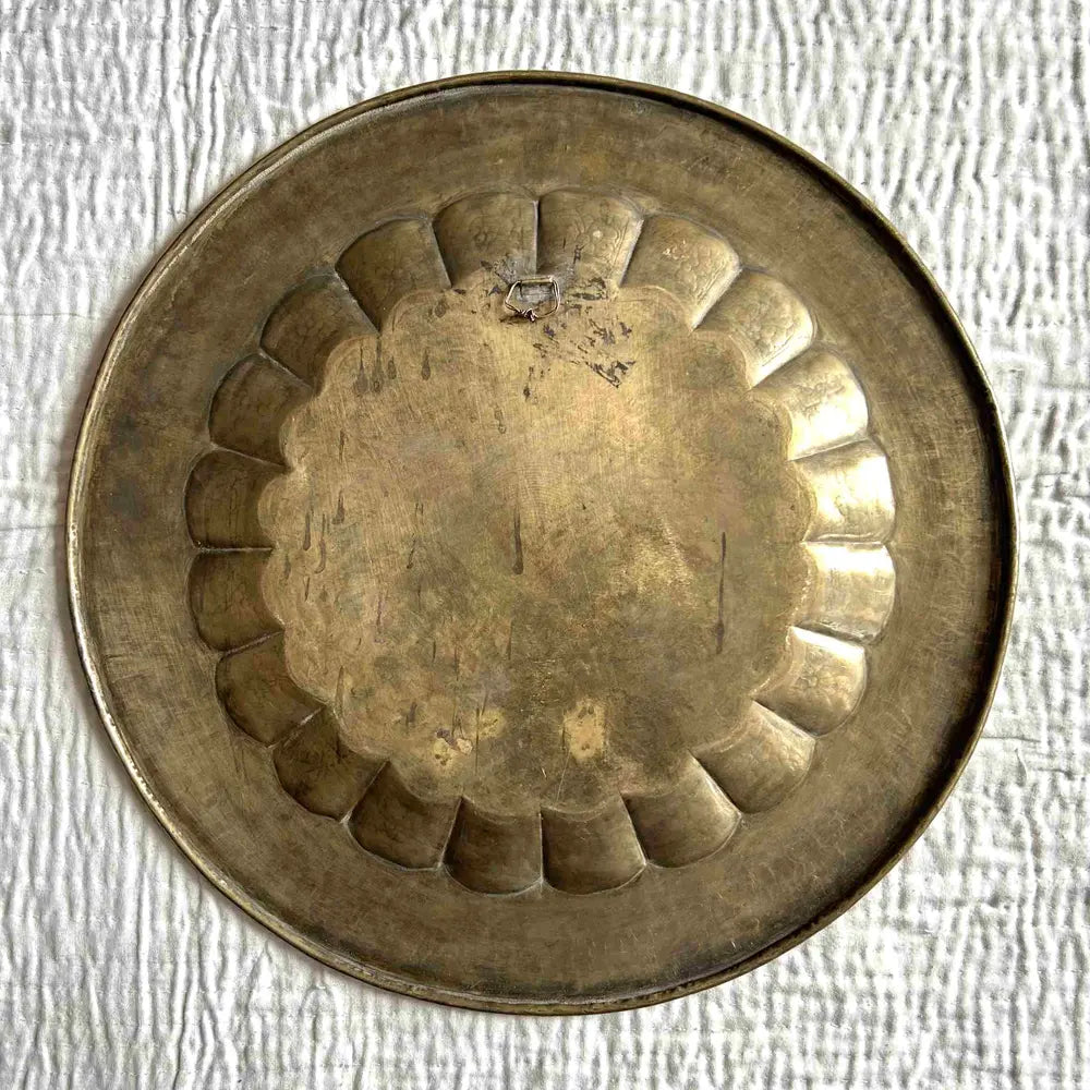 vintage-style hand-etched brass plate for wall decor | floral & peacock design