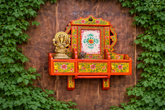 Hand-painted wooden wall cabinet with traditional floral design mounted on rustic wooden background with green climbing vines.