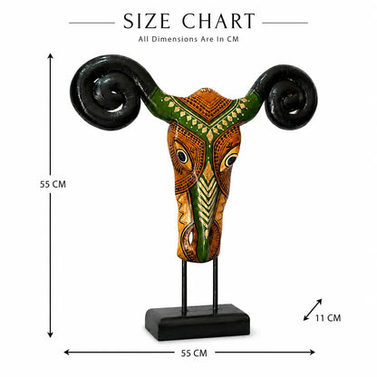 Hand-Painted Wooden Ram Skull Sculpture on Stand | Mango Wood Decorative Table Accent | Rustic Home Decor