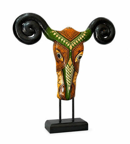 Hand Painted Wooden Ram Skull Sculpture on Stand