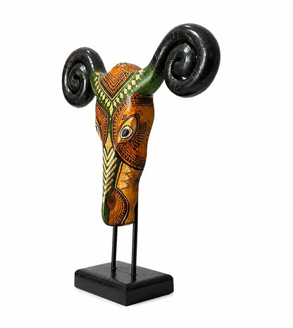 Hand Painted Wooden Ram Skull Sculpture on Stand
