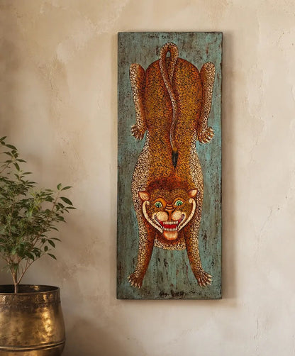 Antique-Finish Leopard Panel – Tall Hand-Painted Wooden Wall Hanging
