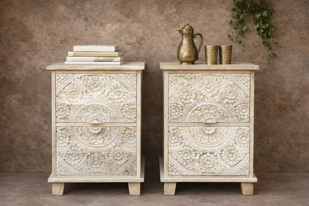 the blue cottage hand carved white bleached wooden bedside table with 2 drawers | floral design | set of 2