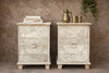 THE BLUE COTTAGE Hand Carved White Bleached Wooden Bedside Table with 2 Drawers | Floral Design | Set of 2