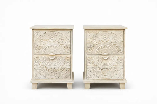 THE BLUE COTTAGE Hand Carved White Bleached Wooden Bedside Table with 2 Drawers | Floral Design | Set of 2