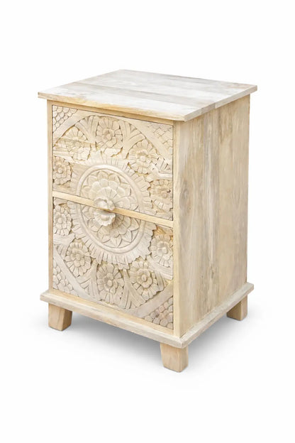 THE BLUE COTTAGE Hand Carved White Bleached Wooden Bedside Table with 2 Drawers | Floral Design | Set of 2