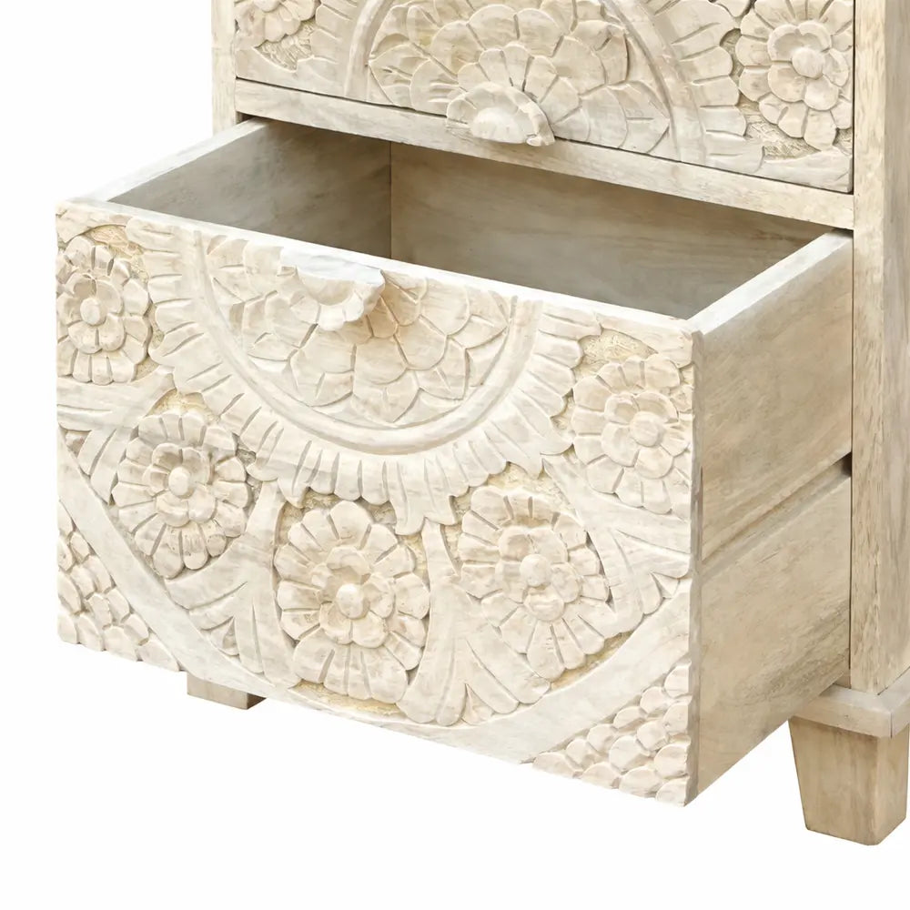 the blue cottage hand carved white bleached wooden bedside table with 2 drawers | floral design | set of 2