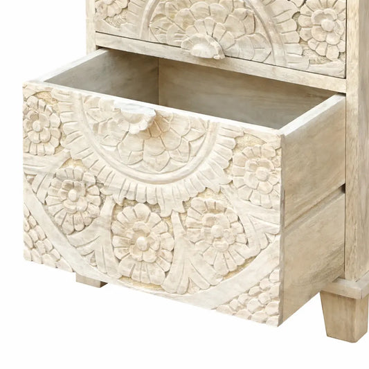 THE BLUE COTTAGE Hand Carved White Bleached Wooden Bedside Table with 2 Drawers | Floral Design | Set of 2