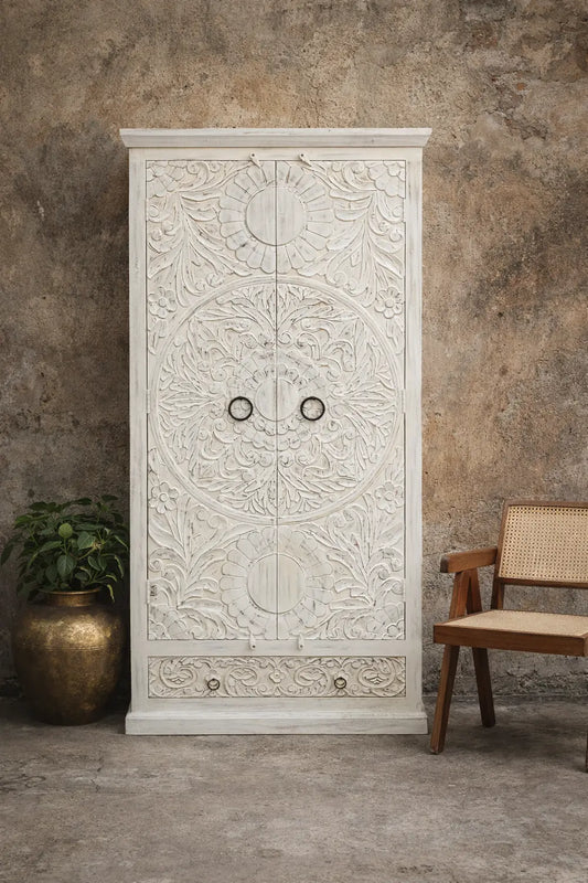 Handcrafted White Carved Wooden Wardrobe / Almirah – Floral Design