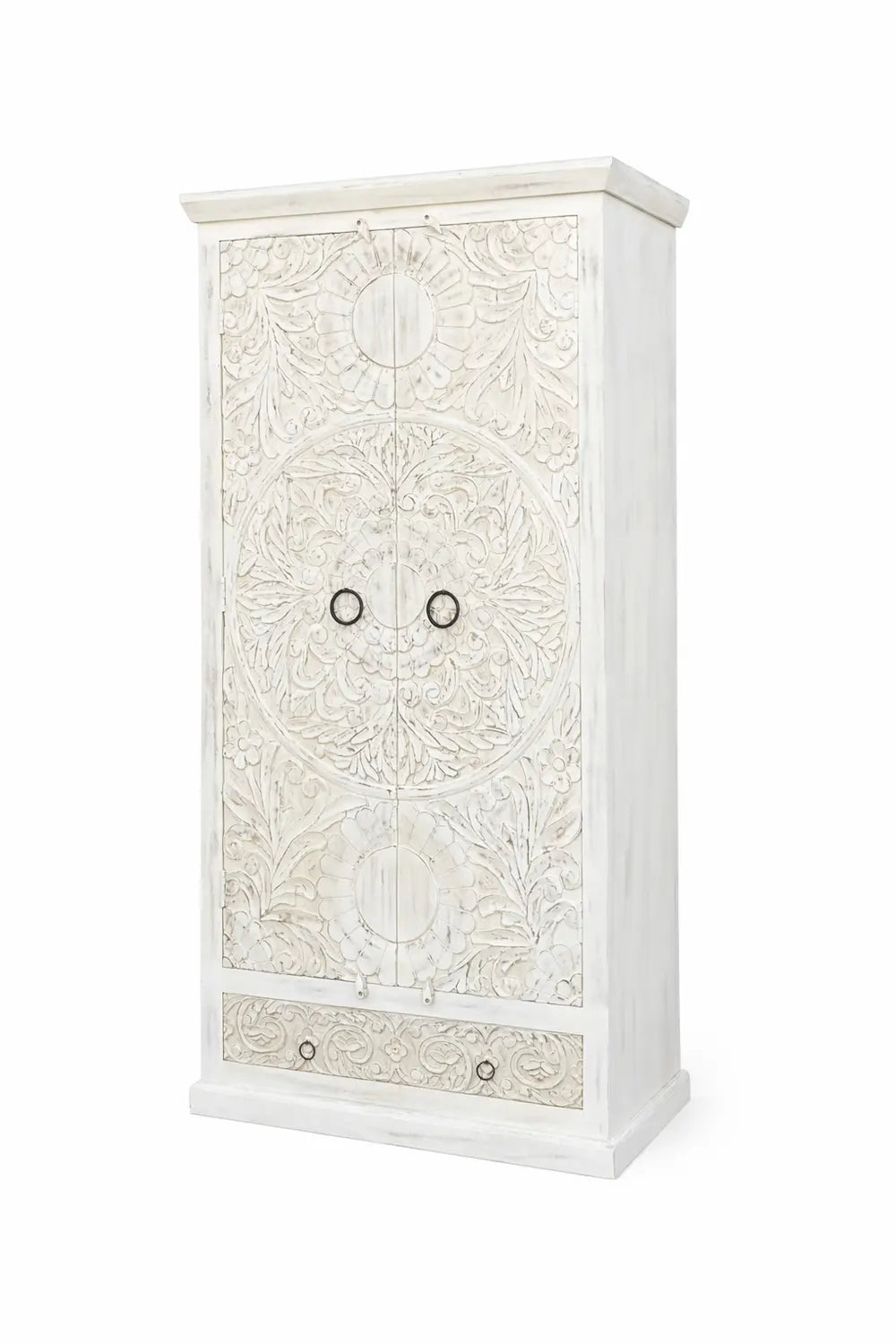 handcrafted white carved wooden wardrobe / almirah – floral design