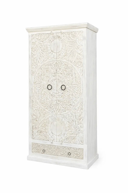 Handcrafted White Carved Wooden Wardrobe / Almirah – Floral Design