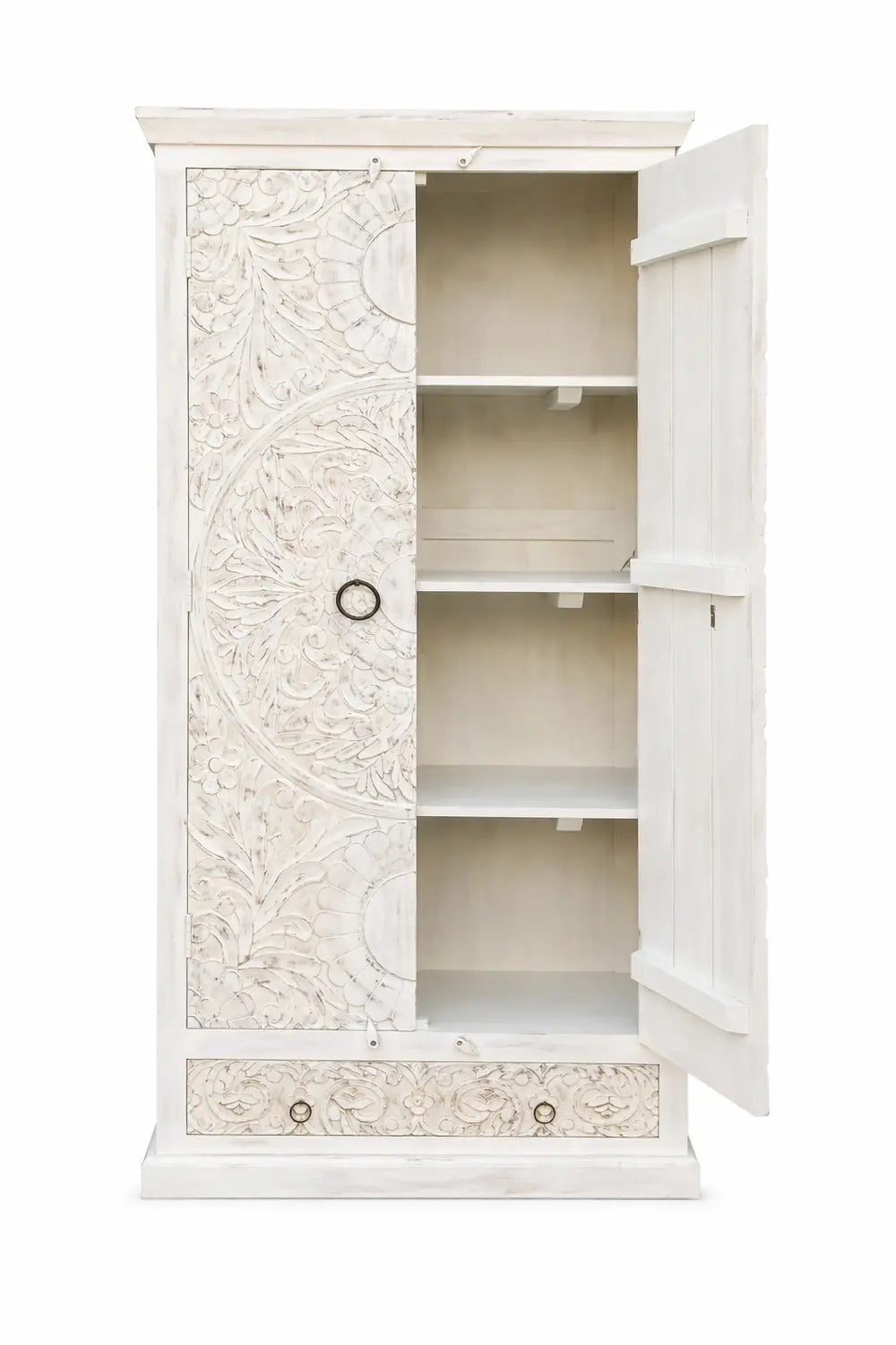 handcrafted white carved wooden wardrobe / almirah – floral design