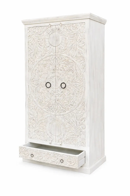 Handcrafted White Carved Wooden Wardrobe / Almirah – Floral Design