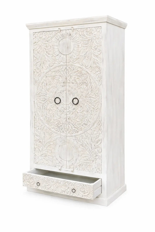 Handcrafted White Carved Wooden Wardrobe / Almirah – Floral Design
