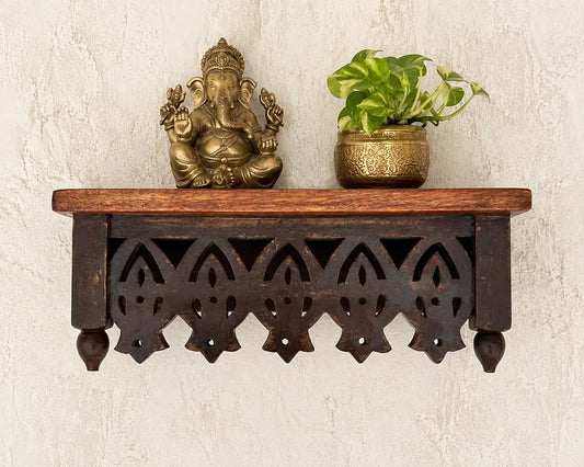 Handcrafted Mango Wood Wall Shelf | Vintage Style Carved Floating Shelf for Home Decor