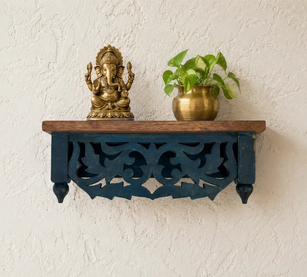 hand-carved mango wood wall shelf - distressed blue traditional floating shelf for home decor