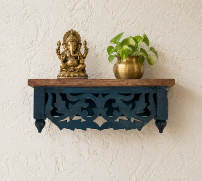 Hand-Carved Mango Wood Wall Shelf - Distressed Blue Traditional Floating Shelf for Home Decor