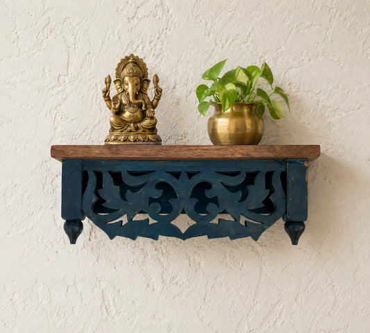 Hand-Carved Mango Wood Wall Shelf - Distressed Blue Traditional Floating Shelf for Home Decor