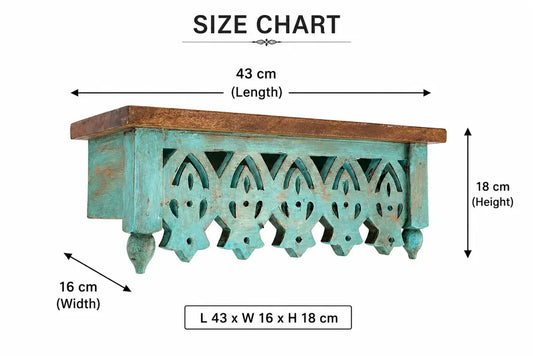 Handmade Vintage Mango Wood Wall Shelf | Antique Teal Carved Floating Shelf for Home Decor