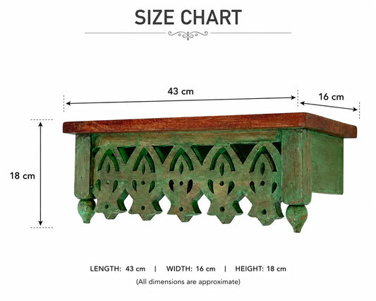 Hand-Carved Mango Wood Wall Shelf - Distressed Green Traditional Floating Shelf