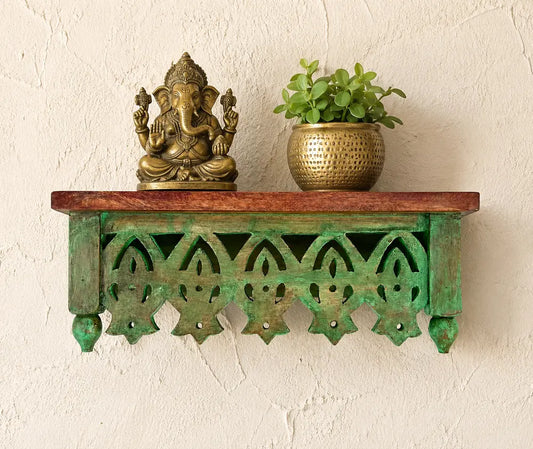 Hand-Carved Mango Wood Wall Shelf - Distressed Green Traditional Floating Shelf