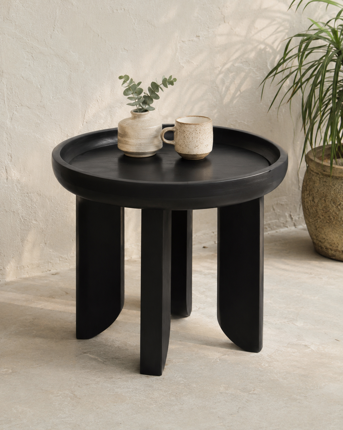 handcrafted black wooden round coffee table