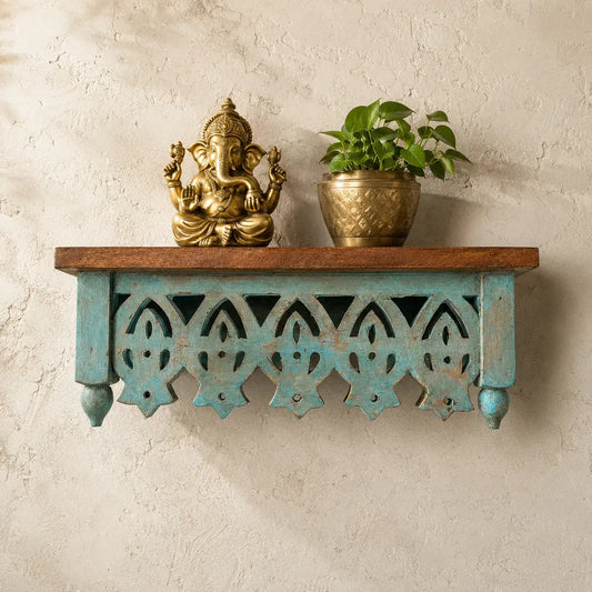Handmade Vintage Mango Wood Wall Shelf | Antique Teal Carved Floating Shelf for Home Decor