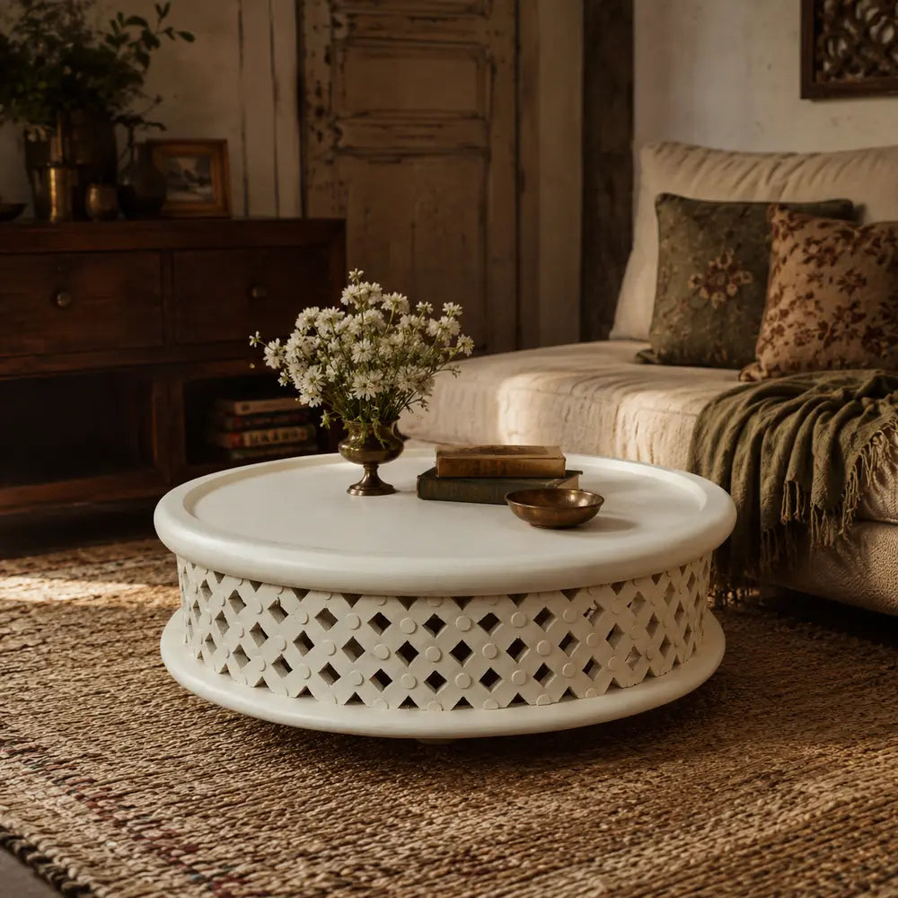 handcrafted white round wooden coffee table – vintage lattice design