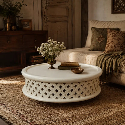 Handcrafted White Round Wooden Coffee Table – Vintage Lattice Design