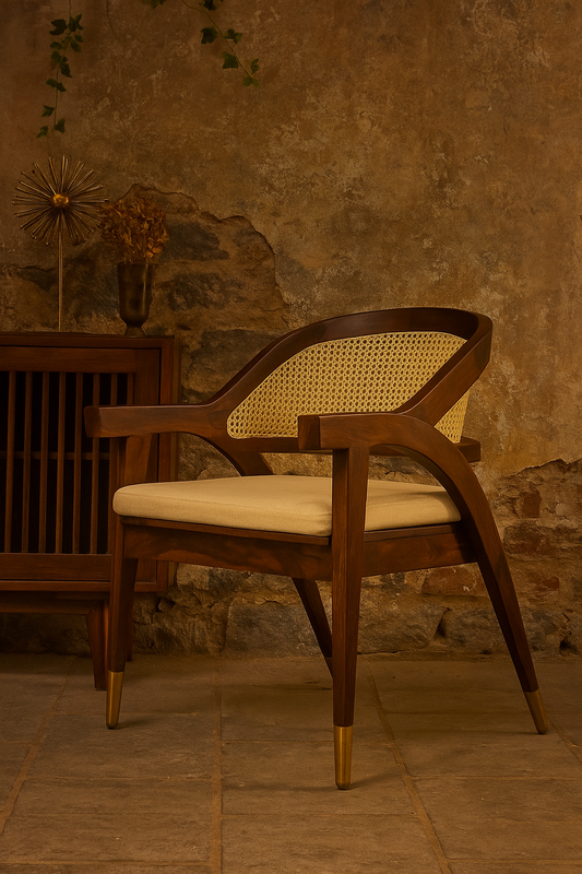 Mid-Century Modern Sheesham Wood Cane Back Armchair – Honey & Walnut Finish