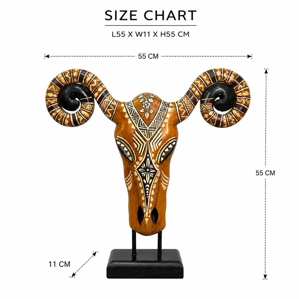 hand painted wooden ram skull sculpture on stand
